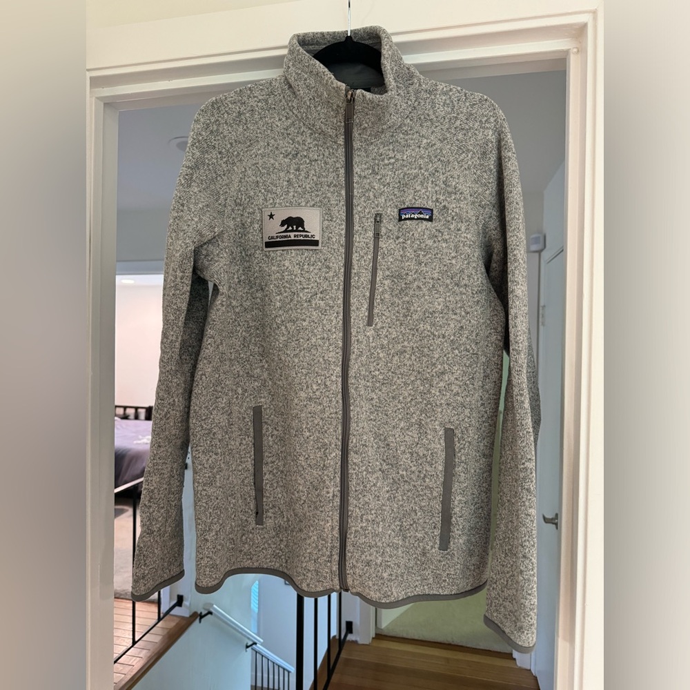 Patagonia Better Sweater jacket w/ California Republic patch, size medium, gray